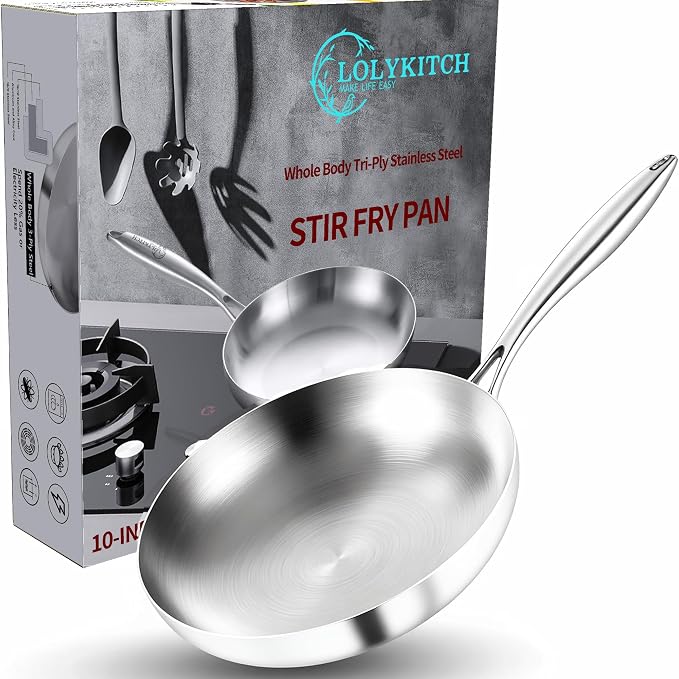 LOLYKITCH 10 Inch Stainless Steel Pan | Tri-Ply | PFOA & PTFE Free Skillet | Fast & Even Heating | Stay-Cool Detachable Handle | Dishwasher and Oven Safe | Induction Ready | For Modern Home Kitchens