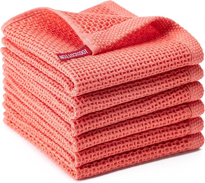 Kitchen Towels 6-Pack Kitchen Dish Cloths,100% Cotton,12x12 In,Coral | Towels Waffle Weave,Ultra Soft Absorbent, Quick Drying