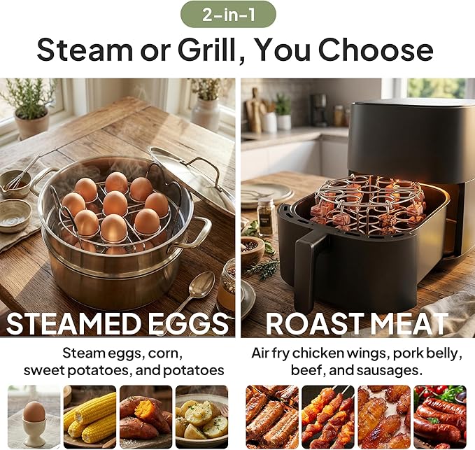 Stackable Egg Steamer Rack Holds 18 Eggs with Handles, Stainless Steel Instant Pot Trivet Fits 6qt/8qt Pressure Cooker, 2-in-1 with Skewers for Grilling