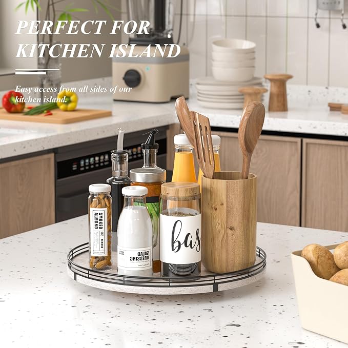 AMH 16-Inch Whitewashed Farmhouse Oak Lazy Susan Organizer | Smooth rotating oak tray with walnut finish for dining tables, kitchen counters, pantries and cabinet storage.