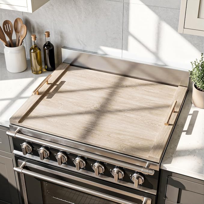 30 * 22" Wooden Stove Top Cover for Electric Stove and Gas Burners | Noodle Board Stove Cover with Handles, Kitchen Sink Cover for Counter Space & Tray