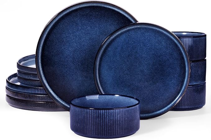 Famiware Star Stoneware Dinnerware Set, Reactive Glaze Plates & Bowls for 4 | 12-Piece Handmade Ribbed Dishes, Chip & Scratch Resistant Ceramic. Microwave & Dishwasher Safe, Rustic Modern, Nebulas Blue