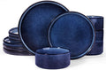 Famiware Star Stoneware Dinnerware Set, Reactive Glaze Plates & Bowls for 4 | 12-Piece Handmade Ribbed Dishes, Chip & Scratch Resistant Ceramic. Microwave & Dishwasher Safe, Rustic Modern, Nebulas Blue