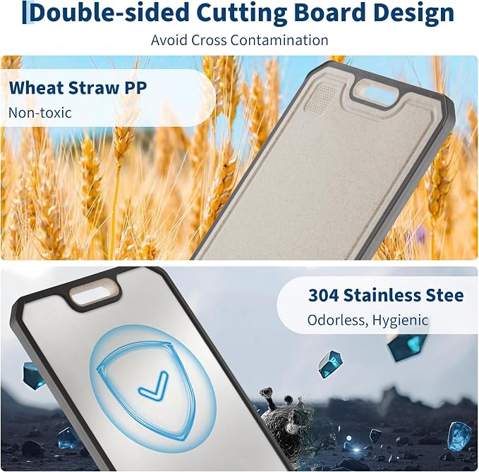 Stainless Steel Cutting Board for Kitchen Metal Chopping Board 15.2"x 10.5" | Double-Sided Stainless Steel/Wheat Straw PP Meat Cutting Board Non Toxic Chopping Board with Juice Grooves & Handle