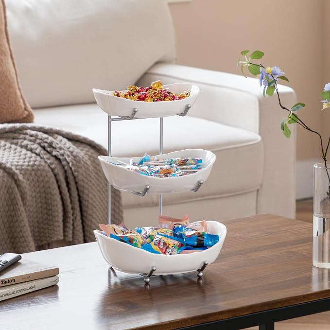 HBlife Fruit Bowl for Kitchen Counter - 3 Tier Ceramic Fruit Bowl Holder with Metal Stand, Tiered Fruit Basket for Fruit and Vegetable Storage, Serving Trays for Party