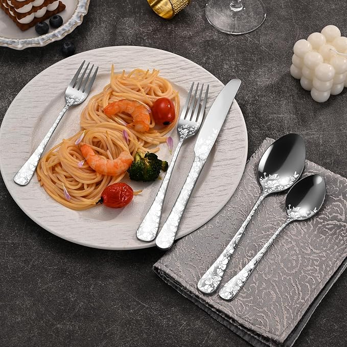 40 Piece Silverware Set, Stainless Steel Flatware Cutlery Set Service for 8, Mirror Polished Tableware Eating Utensils Set for Home Kitchen, Include Knife Fork Spoon Set, Dishwasher Safe