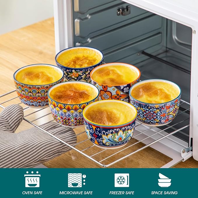 vancasso 8 Oz Ramekins Oven Safe Set of 6, Ceramic Baking Souffle Dishes | Bohemian Ramekins for Creme Brulee, Souffle, Custard, Pudding, Small Bowls for Snacks, Ice Cream, Microwave & Dishwasher Safe