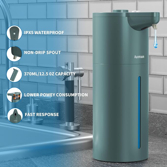 Automatic Soap Dispenser Touchless, Modern, Kitchen & Bathroom, Hands-Free, Adjustable Volume, Long Battery Life, Compatible with Thick & Thin Soap, Easy for Toddlers, Clog-Free, Green