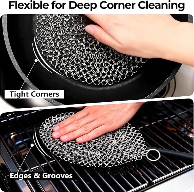 AMAGABELI GARDEN & HOME 7”x7” Cast Iron Cleaner 316L Stainless Steel Chainmail Scrubber for Griddle Skillet Dutch Oven Wok Grills Stainless Steel Pot Cast Iron Pan