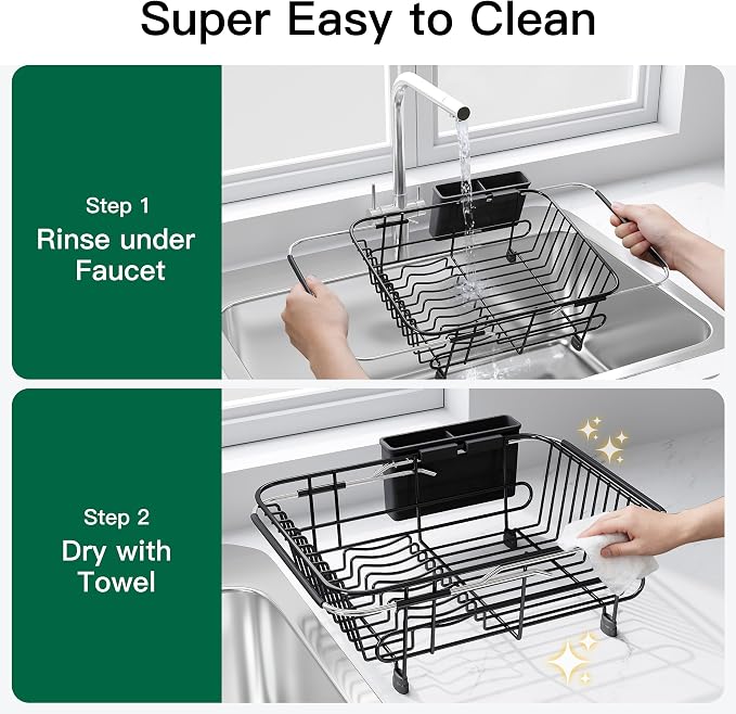 JASIWAY Black Dish Drying Rack in Sink with Utensil Holder, RV, Apartment | Over Sink Expandable Stainless Steel Dish Drainers for Compact Kitchen, Space Saving, Fast Drain, Rustproof, For 1-2 people