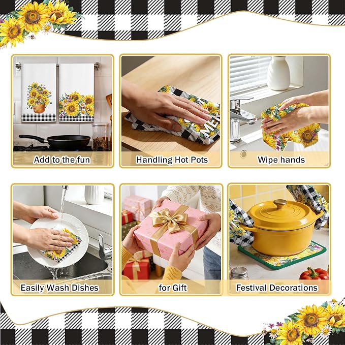8 Pcs Sunflower Plaid Kitchen Decor Accessories Set, Dish Towels Square Heat Resistant Oven Mitts and Gloves Pot Holders for Cooking Baking Mother’s Day Farmhome Gifts
