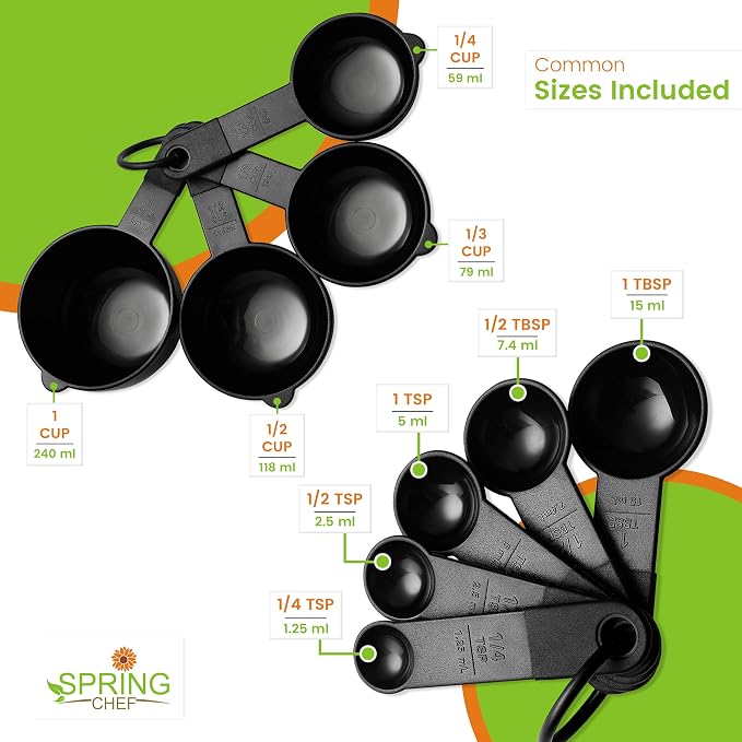 Spring Chef Black Magnetic Measuring Cups & Spoons - 9 pcs - Nesting Design | for Dry & Liquid Ingredients - Food Safe & BPA Free - Dishwasher Safe