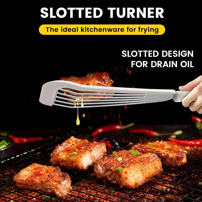 Silicone Fish Spatula, Heat Resistant Silicone Edge for Nonstick Cookware, Fish Turner for Kitchen Use, Flexible and Thin Stainless Steel Cooking utensils, 12.2 * 3.42 Inch, White