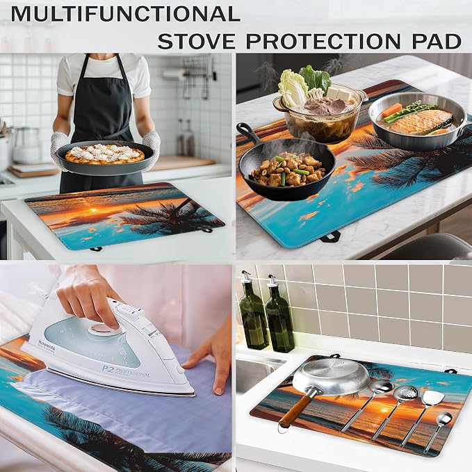 Stove Top Covers for Electric Stove,Summer Beach Sunset Flat Top Stove Cover,Coconut Tree Heat Resistant Glass Top Stove Cover Protector Anti-Slip Range Covers, 28 x 20 Inch