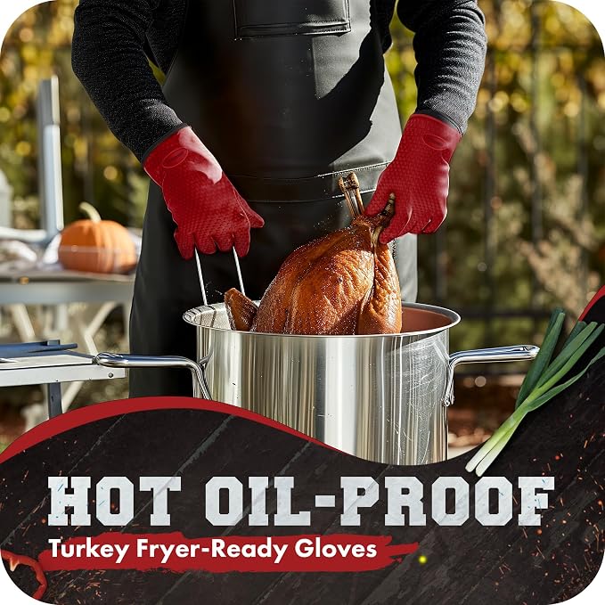 KITCHEN PERFECTION XL Silicone Smoker BBQ Gloves -Heat Resistant Oven Mitts | Waterproof, 5-Finger Design For A Better Grip, for Pitmasters, Meat Smoking, Grilling, Cooking, Frying Turkey | Grill Gift