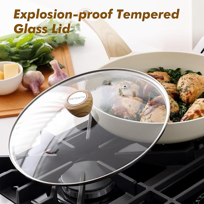 SENSARTE 11inch Ceramic Nonstick Frying Pan Skillet with Lid, White | Non Stick Omelet Pans, Non-toxic Healthy Kitchen Cooking Chefs Pan, PFOA/PFAS/PTFE Free, Induction Compatible