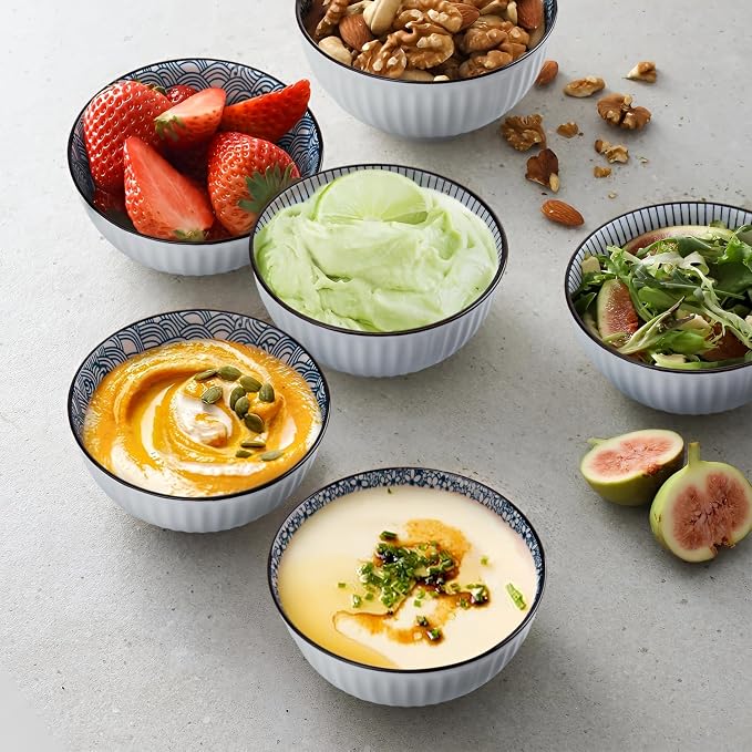10 oz Small Ceramic Bowls Set of 6, 4.5 Inch Japanese Blue and White Bowls for Ice Cream, Rice, Dessert, Snack, Dipping, Microwave and Dishwasher Safe - Floral Pattern