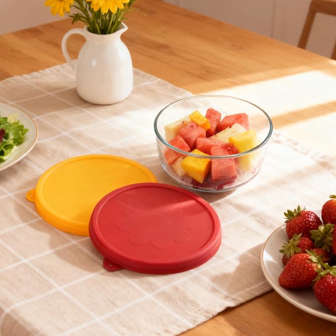 4 Cup Round Silicone Storage Cover Lids Replacement for Anchor Hocking and Pyrex 7201-PC Glass Bowls (Container not Included) (Red & Orange) 2 Pack