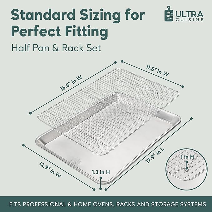 Aluminum Baking Sheet with Cooling Rack Set, 13'' x 18'' | 100% Stainless Steel Rack, Oven Safe, Half Sheet Size Pan, Durable Rimmed Sides, Easy Clean, Commercial Quality for Cooking