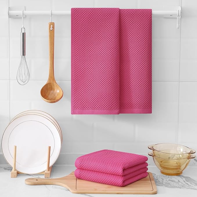 Kitinjoy 100% Cotton Waffle 12-Pack Kitchen Towels, 13" x 28", Hot Pink | Super Soft, Ultra-Absorbent, Fast Drying, lightweight, Quick Drying Kitchen Hand Towels