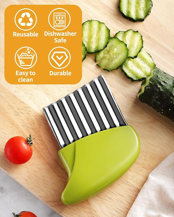 Crinkle Cutter Stainless Steel Potato Slicer Heavy Duty Wavy Crinkle Cutting Chopping Tools with Wooden Handle for Carrot Veggies (2, Green)