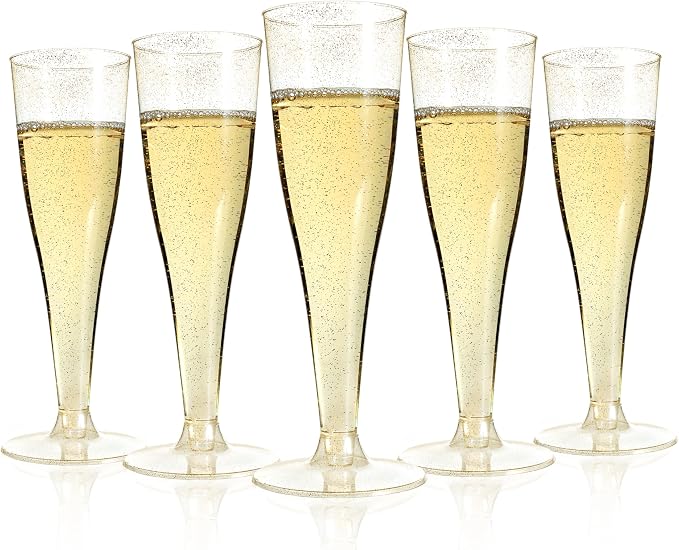 Bestluck 200Pack 4.5oz Gold Glitter Champagne Flutes Plastic | Plastic Disposable Stemware, Disposable Champagne Flutes for Party, Mimosa Bar, Wedding, Anniversary and Graduation