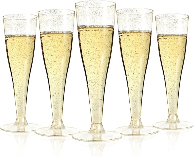 Bestluck 25Pack 4.5oz Gold Glitter Champagne Flutes Plastic | Plastic Disposable Stemware, Disposable Champagne Flutes for Party, Mimosa Bar, Wedding, Anniversary and Graduation