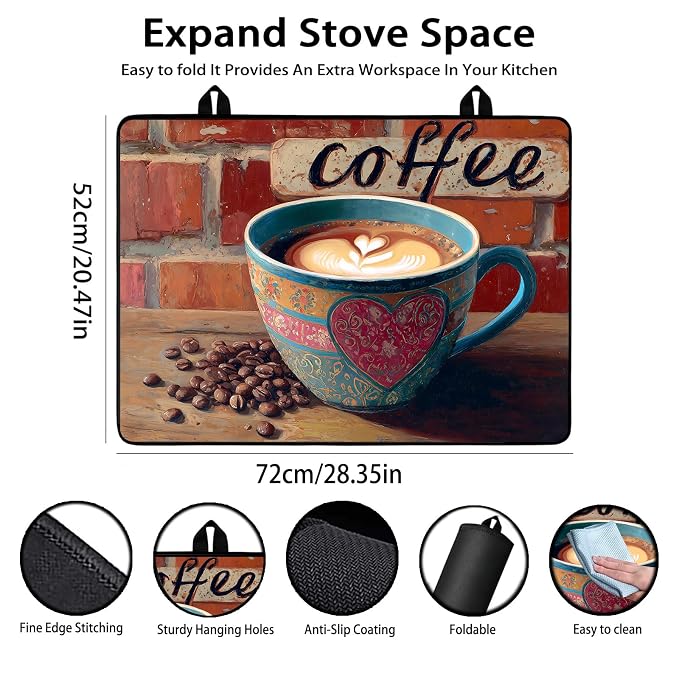 Electric Stove Top Cover for Glass Top, Coffee Cup Brick Cafe – Heat Resistant Flat Stove Top Covers, Decorative Scratch Protector Mat for Glass Ceramic Cooktop, Non-Slip, 28"x20"
