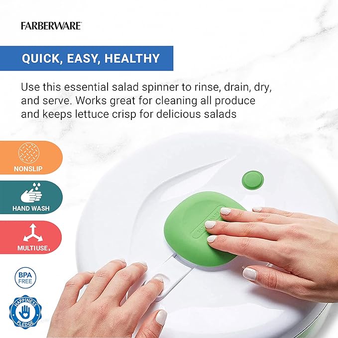 Farberware Easy to use pro Pump Spinner with Bowl, Colander and Built in draining System for Fresh, Crisp, Clean Salad and Produce, 6.6 quart, Green