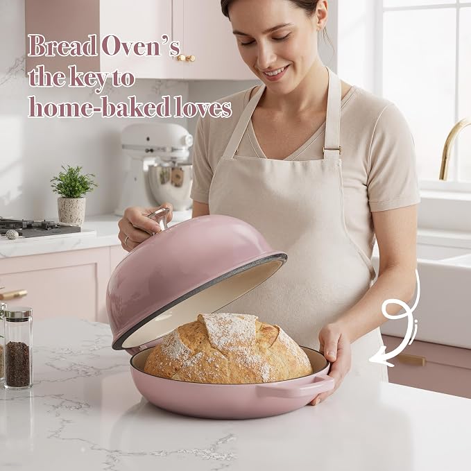 4.5 QT Dutch Oven for Bread Baking,Cast Iron Bread Oven for Sourdough,Enamelled Bread Dutch Oven with Lid,Heavy-Duty Non Stick Bread Pot, Pink