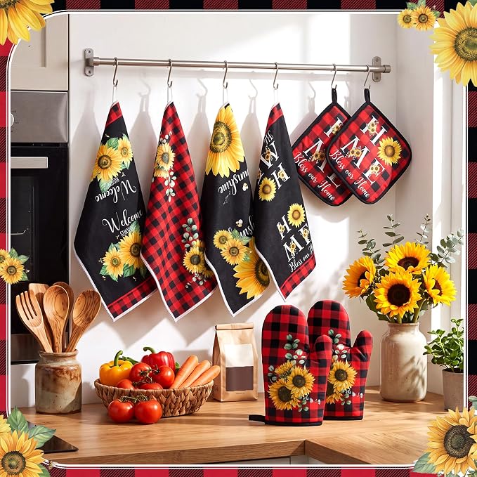 Leinuosen 8 Pcs Sunflower Red Black Checkered Kitchen Towels and Dishcloths Sets Pot Holders and Oven Mitts Sets Absorbent Kitchen Gloves Potholders Heat Resistant for Chef Baking Cooking