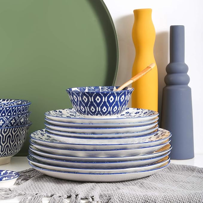 Selamica 10 inch Porcelain Dinner Plates, Large Size Ceramic Plates for Salad, Pancakes, Scratch Resistant, Microwave, Oven and Dishwasher Safe Plates Set of 6, Vintage Blue
