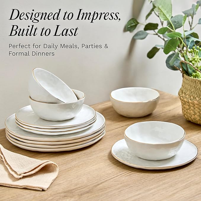 Sango 12-Piece Lightweight Porcelain Dinnerware Set for 4, Glossy Vanilla White Plates and Bowls Sets, Gold Rims, Farmhouse Ceramic Dish Set, Rustic Dishes, Microwave and Dishwasher Safe, Gansevoort