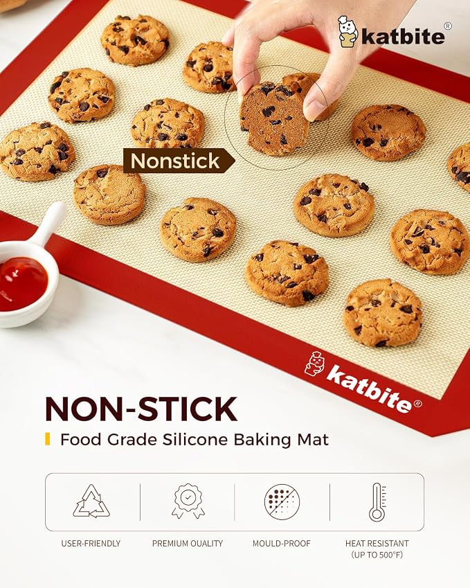 Katbite Silicone Baking Mat Set of 3 Red | 2 Half Sheets Mats + 1 Quarter Baking Sheet, Reusable & Nonstick Bakeware Mats for Cookies, Macarons, Bread