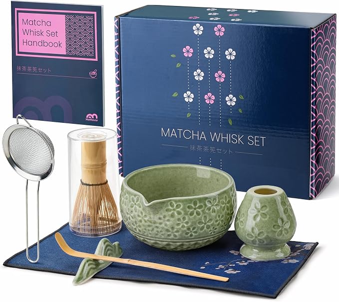 7Pcs Matcha Whisk Set, Matcha Set Whisk and Bowl,Bamboo Scoop, Scoop Rest, Sifter and Tea Towel, Matcha Kit W/Carved Cherry Blossm Pattern for Matcha Lovers (Sakura Green) | Bamboo Scoop, Scoop Rest, Sifter and Tea Towel, Matcha Kit W/Carved Cherry Blo...