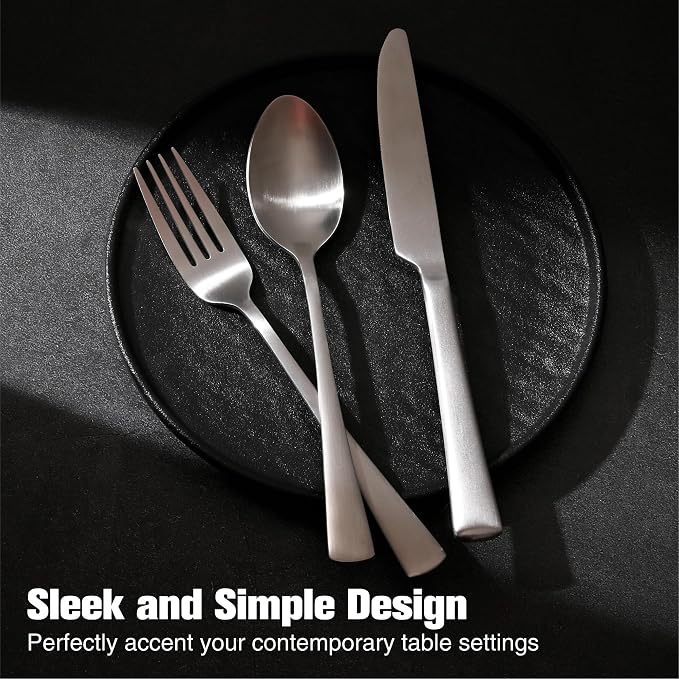 30-Piece Silverware Set, 18/10 Stainless Steel Flatware Set for 6, Matte Satin Finish Forged Cutlery Set Dishwasher Safe | KINGSTONE Forged Flatware Cutlery Set, Mirror Polished Knives Fork and Spoon Utensils, Dishwaher Safe for Home Wedding Party