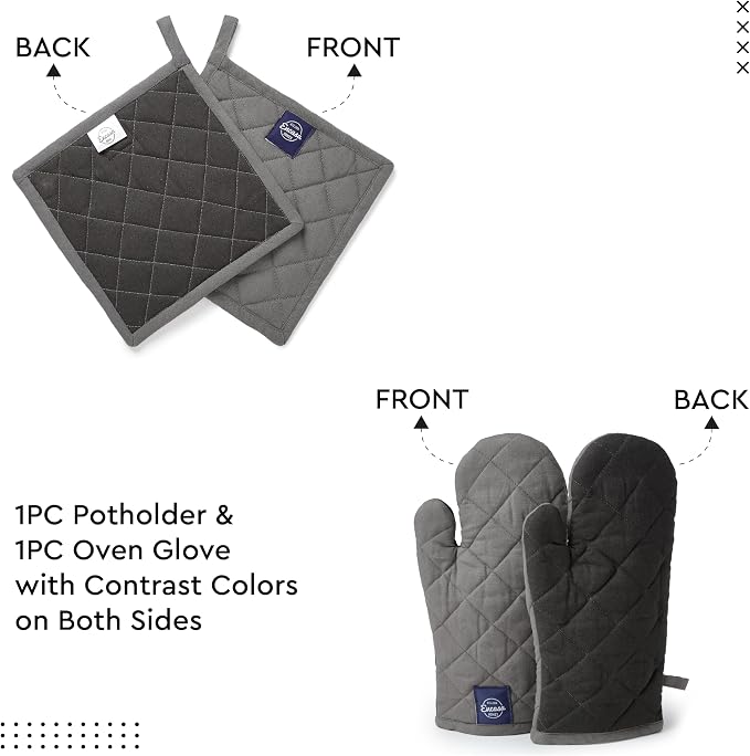 Encasa XO Oven Mitts and Pot Holders Set, Heat Resistant Cotton | Grey, Diamond Quilted | Non-Slip Grip | Microwave & Oven Safe | Hanging Loop | Machine Washable | Set of 2