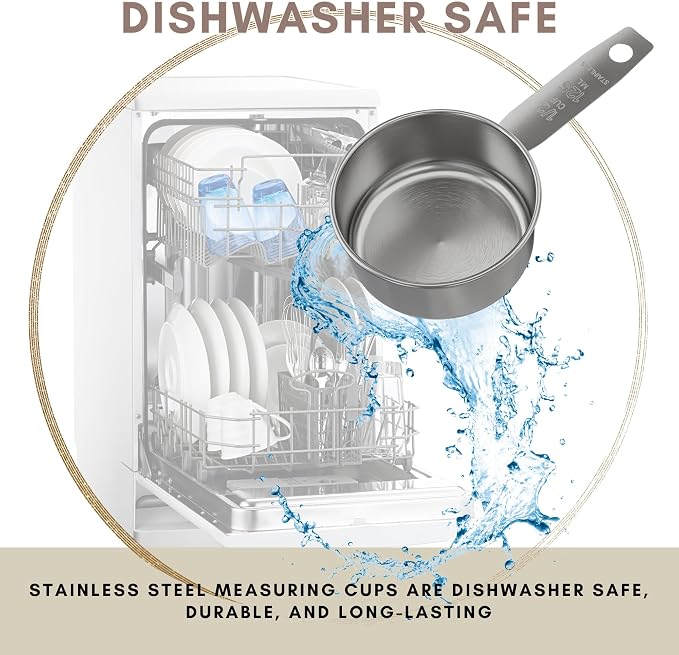 1/2 Cup Stainless Steel Measuring Cup | Sturdy Metal 125 ml | 125 cc | 4 oz | Single Cup for Wet and Dry Ingredients | Great for use as 1/2 Cup Dog Food Scoop - 4 PK