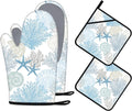 Coastal Oven Mitts and Pot Holders Sets of 4 Nautical Kitchen Decor Starfish Seashell Beach Ocean Themed Kitchen Mitts Potholders Silicone Heat Resistant Oven Gloves Hot Pads for Baking BBQ Grilling