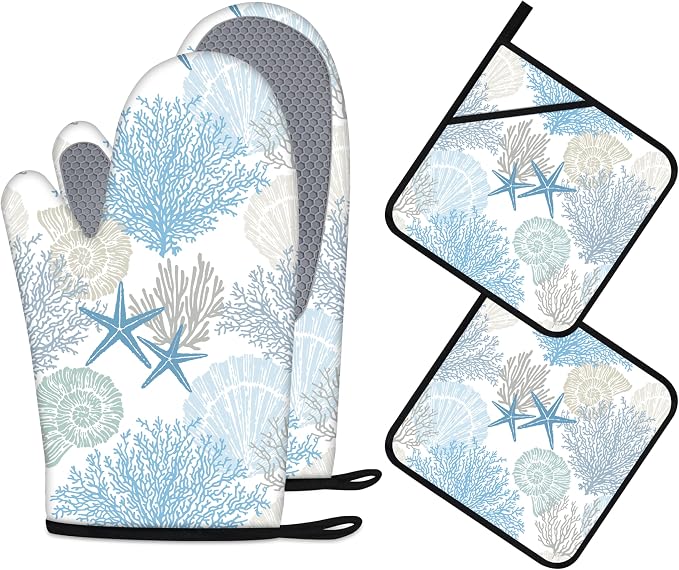 Coastal Oven Mitts and Pot Holders Sets of 4 Nautical Kitchen Decor Starfish Seashell Beach Ocean Themed Kitchen Mitts Potholders Silicone Heat Resistant Oven Gloves Hot Pads for Baking BBQ Grilling