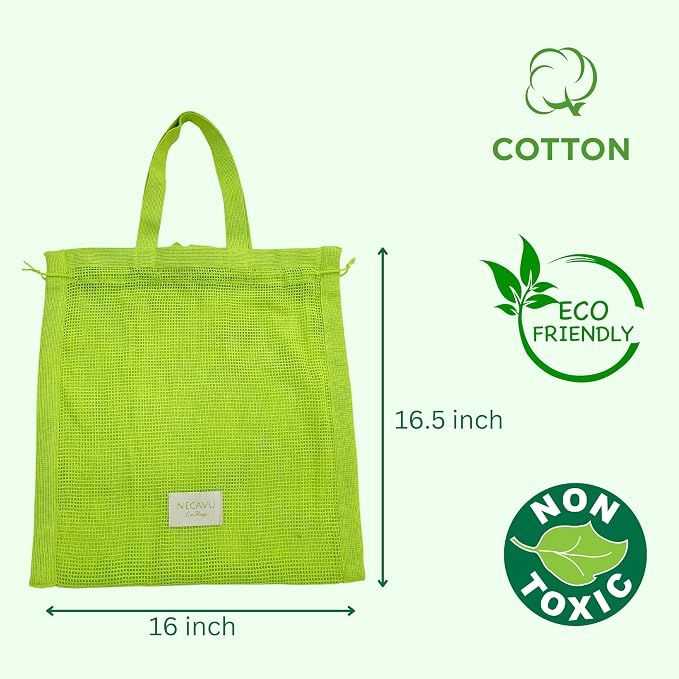 100% Cotton Set Of 2 Mesh Grocery Bag | Eco-Friendly Cotton Market Bags For Vegetable Shopping | Multi-Purpose Portable Cotton Market Bags with Reinforced Edges (Kiwi Green) (Kiwi Green)