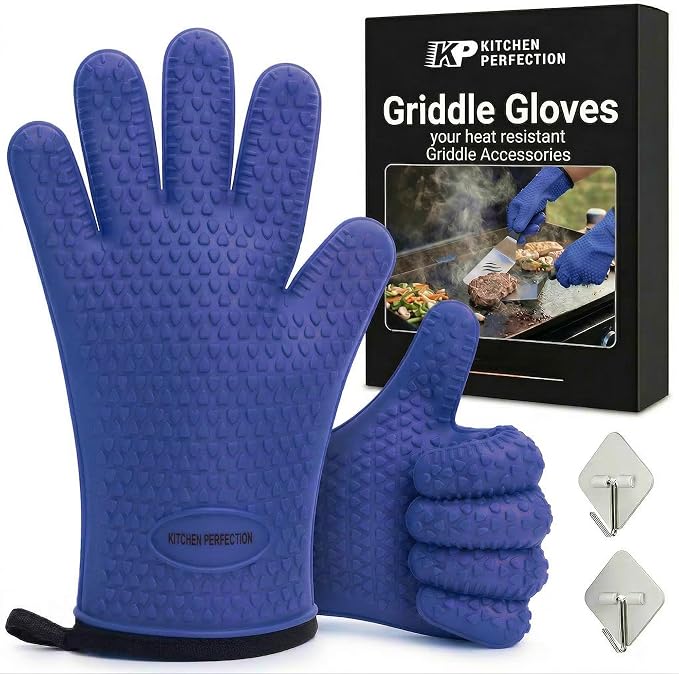 KITCHEN PERFECTION XL Silicone Griddle Gloves - Heat Resistant Oven Mitts | Waterproof, 5-Finger Design For A Better Grip, Best Griddle Grilling Accessories, Compatible with Blackstone, Weber & More