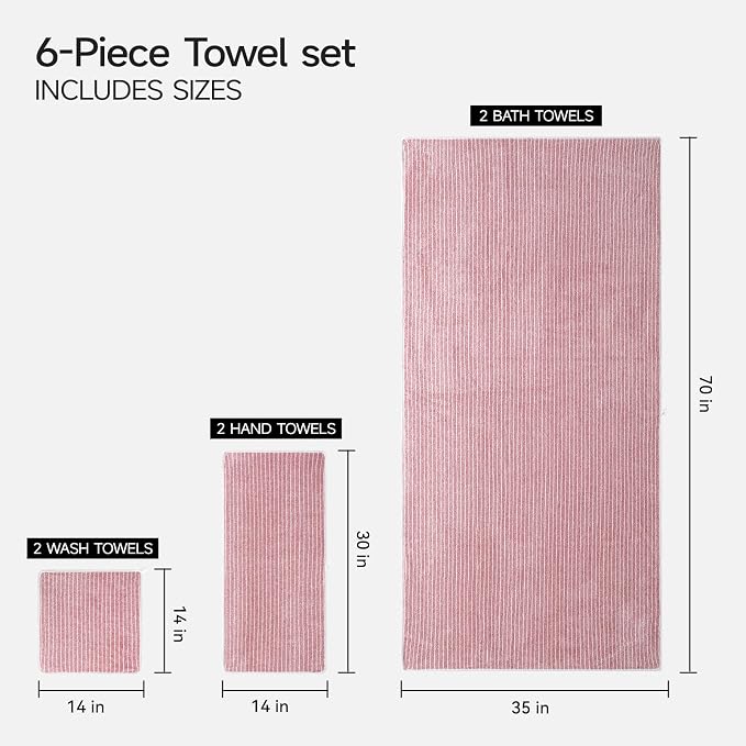 REDKISS 6-Piece Microfiber Bath Towel Set, Ultra Soft, Highly Absorbent & Quick Dry, 35x70 Inch Oversized, Pink Towels for Bathroom, Spa, Gym, 2 Bath 2 Hand 2 Washcloths