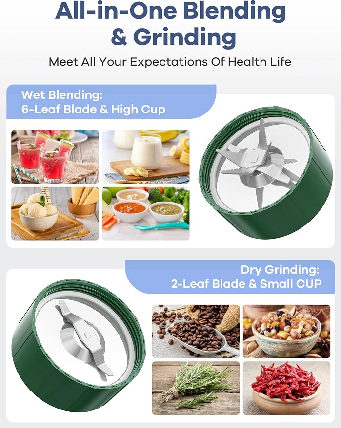Ganiza Smoothie Blender, 900W Blenders Shakes and Smoothies, Green | 15-Piece Personal Blender and Grinder Combo for Kitchen, Smoothies Maker with 4 BPA-Free Portable Cup, Nutritious Recipe