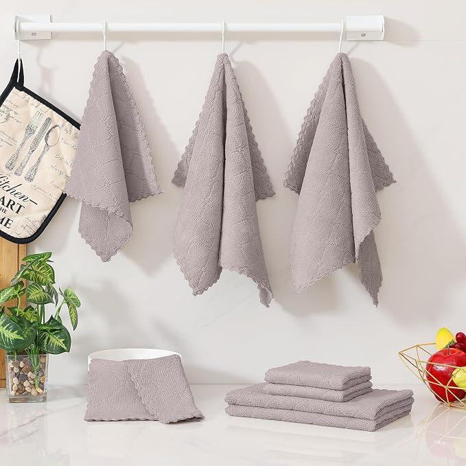 Homaxy Super Soft 12 Pack Kitchen Towels and Dishcloths Set, Grey | Ultra-Absorbent, 10 x 10 and 13 x 19 Inches, Coral Velvet, No Lint, Nonstick Oil, Fast Drying, Microfiber Cleaning Cloth