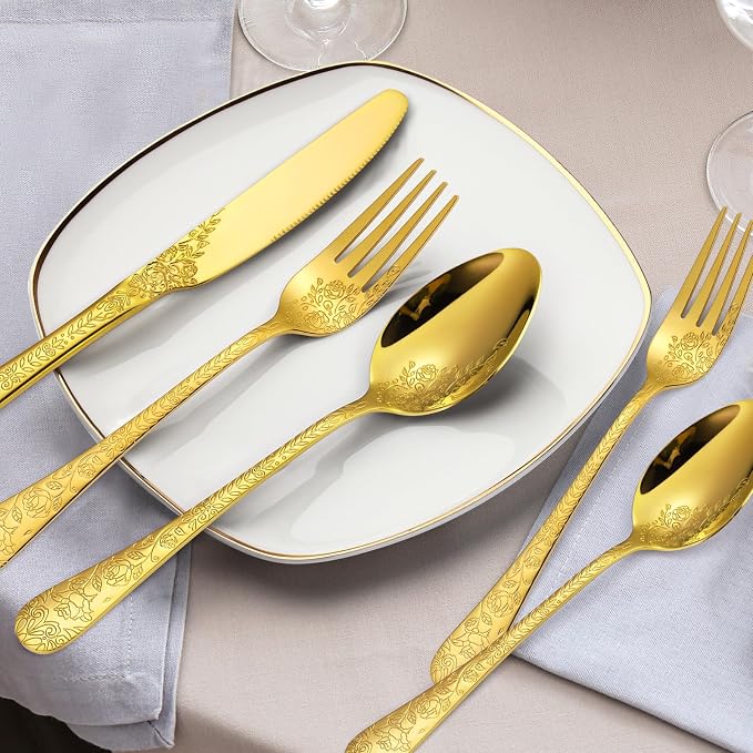 A·HOUSEWARE Gold Flatware Floral Set Stainless Steel Silverware 30 Piece Forks Spoon Knives Cutlery for 6 Kitchen Utensil Vintage Embossed Handle Durable Festival Parties Everyday Use