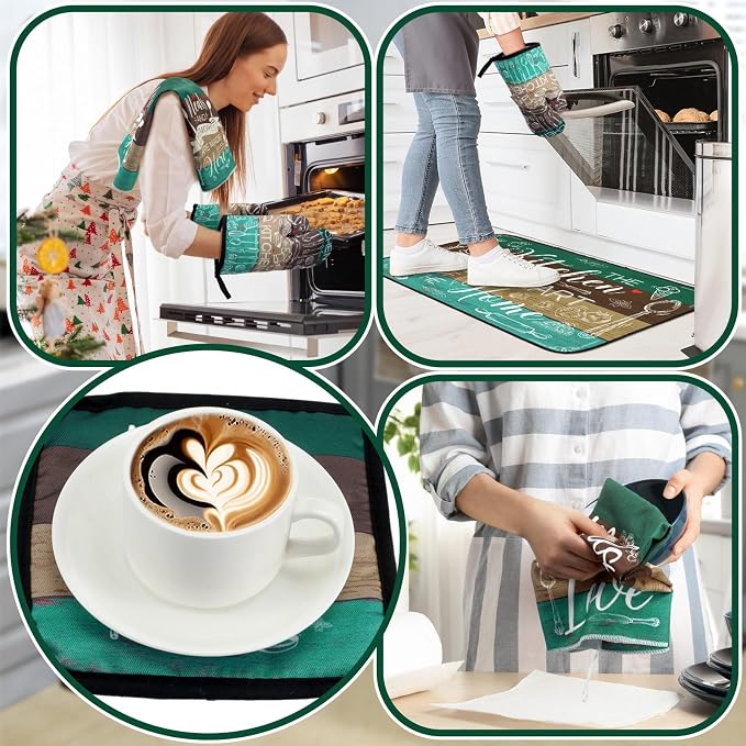 Fourluoo 10 Pcs Teal and Brown Kitchen Decor Set Farmhouse Oven Mitts and Pot Holders Sets Turquoise Dish Towels Kitchen Rugs and Mats for Home Decorations Baking Cooking Birthday Summer Gifts