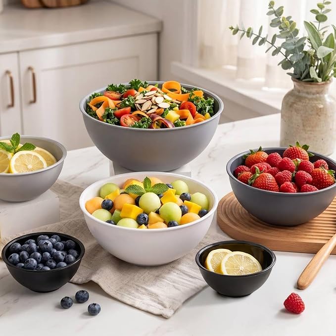 BoxedHome BPA Free Plastic Round Mixing Bowl with Lids, 12 Pack Nesting Bowls with Lids Set, Microwave and Dishwasher Safe Prep & Serving Bowls Great for Mixing, Baking, Serving (Grey, 12pcs)
