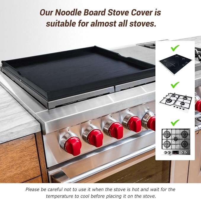 WOLKI Noodle Board Stove Cover for Stoves, Wooden Cover Built-in Handles | 30"L x 22"W x 2.4"Th Heavyweight Stove Top Cover For Gas Burners & Electric Stove, Serving Tray, Space Saver, Black