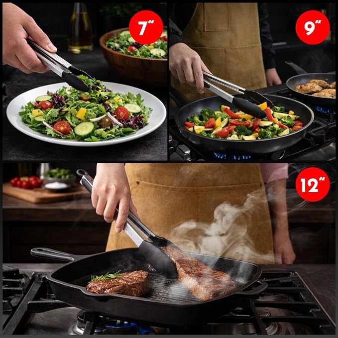Kitchen Tongs - 12, 9 & 7 Inch Locking Silicone Tongs for Cooking, Set of 3 | Black Tongs with Silicone Tips, Heat Resistant Tongs for Grilling, Serving, Mixing